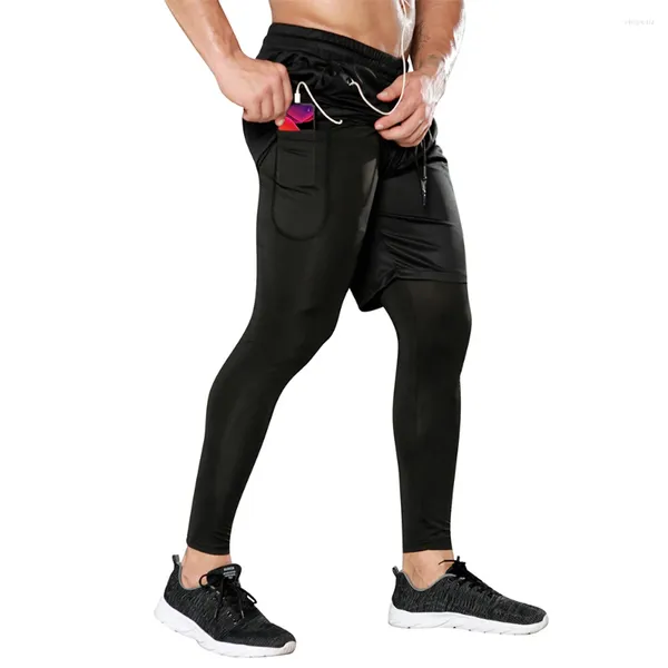 Pantalones para hombres Hign Calidad 2 en 1 Hombres Gimnasio Deportes Entrenamiento Pantalones cortos Fitness Correr Compresión Secado rápido Leggings con bolsillo