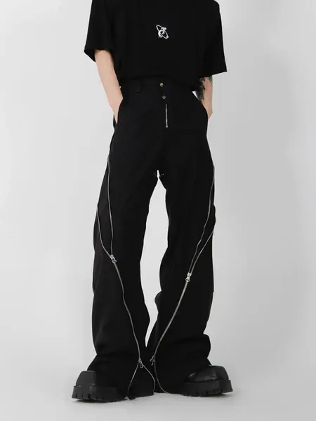 Pantalones para hombres Hip Hop Marca Hombres Diseño de cremallera negra Hendidura Ligeramente acampanada Sentimiento vertical Pantalones rectos casuales Y2K