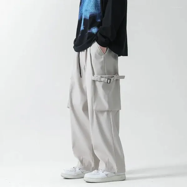 Pantalones para hombres Hip Hop Moda Trabajo suelto Casual Negro Caqui Cargo Bolsillos grandes Pantalones de chándal Lado Coreano