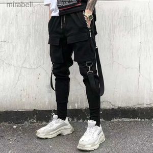 Pantalones para hombre Joggers de Hip Hop, pantalones Harem negros para hombre, cintas con múltiples bolsillos, pantalones deportivos para hombre, pantalones Cargo de calle, ropa informal japonesa para hombre A82 YQ240108