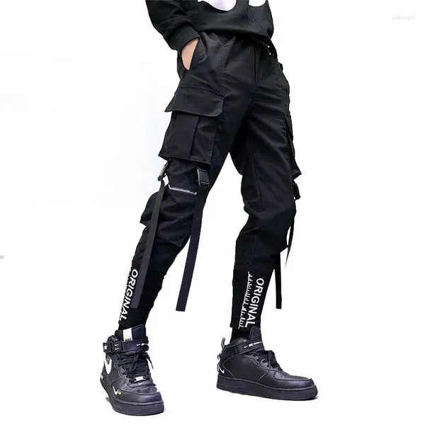 Pantalons pour hommes Hip Hop Hommes Rubans Cargo Mode Harajuku 2023 Taille élastique Casual Streetwear Hommes Joggers Pantalon Noir