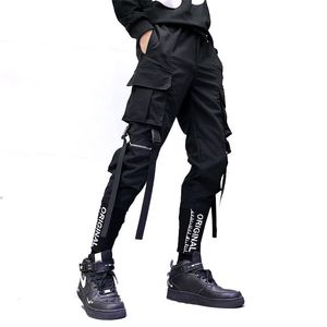 Pantalons pour hommes Hip Hop Hommes Rubans Pantalon Cargo Mode Harajuku Taille Élastique Casual Streetwear Hommes Joggers Pantalon Noir 230220