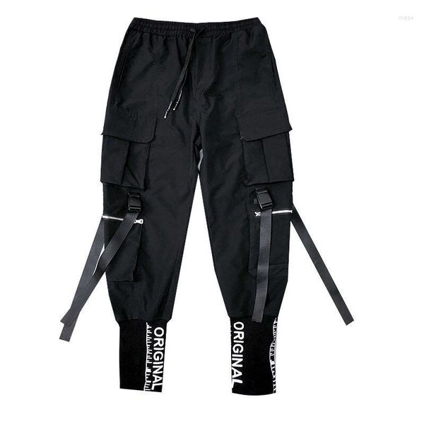 Pantalons pour hommes Hip Hop Hommes Rubans Cargo Sweat Mode Harajuku 2023 Taille élastique Casual Streetwear Hommes Joggers Pantalon Noir