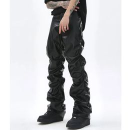 Pantalons pour hommes Hip Hop Hommes Plissé Pu Cuir Harajuku Rétro Streetwear Lâche Ruché Pantalon Décontracté Droite Couleur Unie Noir 231027