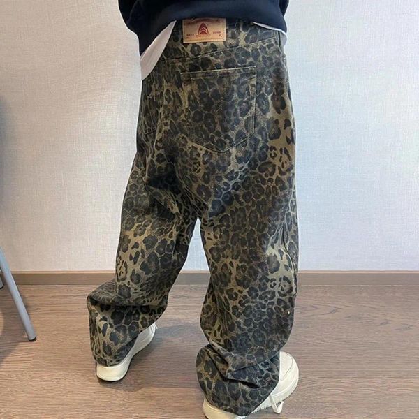 Pantalon pour hommes Style Hip-hop rétro toile lavée imprimé léopard Hip Hop avec entrejambe profonde doux respirant pour confortable