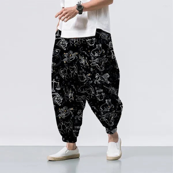 Pantalones de hombre Hipster Seda de hielo Satén Patrón de constelación Estilo chino Pantalones sueltos Suave Tai Chi Playa