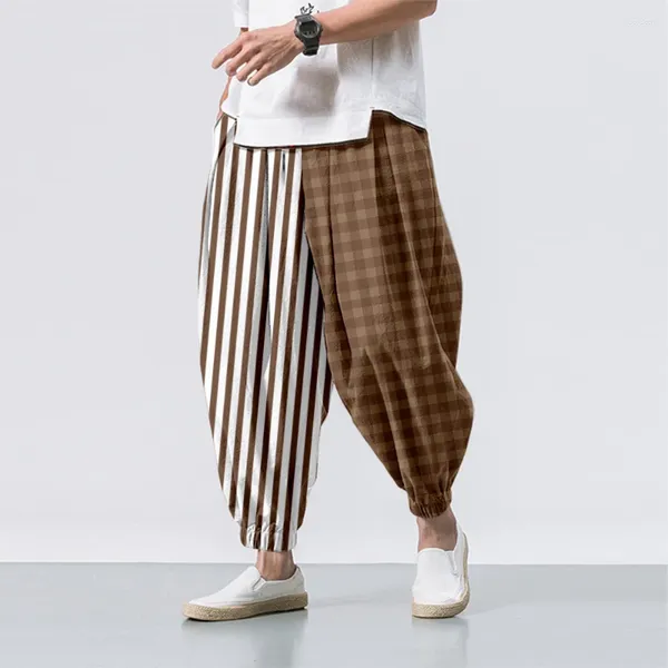 Pantalones de hombre Hipster seda de hielo satén empalme tablero de ajedrez damas pantalones sueltos chinos suave Tai Chi playa