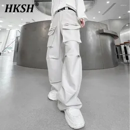 Pantalones para hombres HKSH Primavera Verano Streetwear Monos Color Sólido Multi Bolsillos Diseño Plisado Suelto Oscuro Casual Cargo HK0600