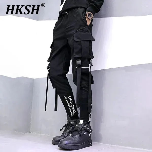 Pantalons pour hommes HKSH Printemps Été Marée Cargo Brodé Jogger Techwear Poches Gothique Hip Hop Streetwear Salopette Foncé HK0182