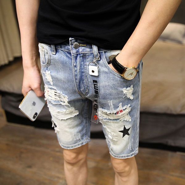 Pantalons pour hommes trou couture denim shorts hommes été mince style coréen à la mode pantacourt trou slim fit petite taille 230328