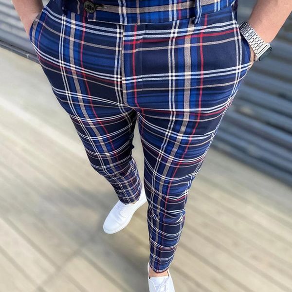 Pantalones para hombres Inicio Casual Plaid Flaco Lápiz Cremallera Elástica Cintura Pantalones Correr Deportes 2024