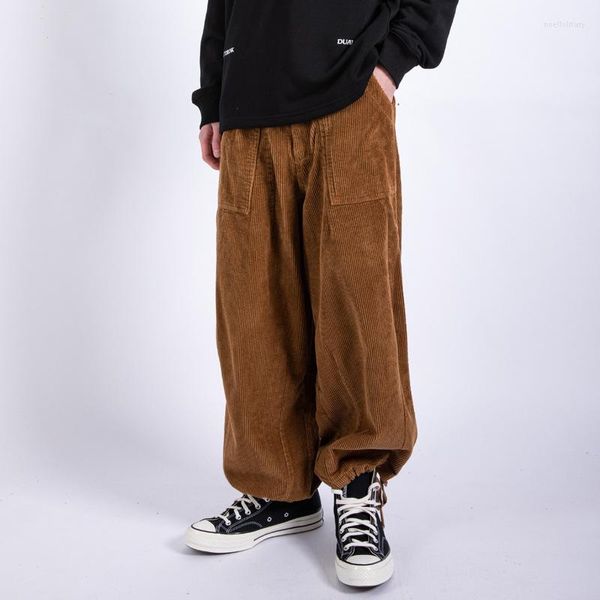 Pantalones de hombre HOUZHOU Corduroy Cargo para hombres marrón Vintage suelto Casual japonés Streetwear Hip Hop primavera otoño Safari estilo Retro