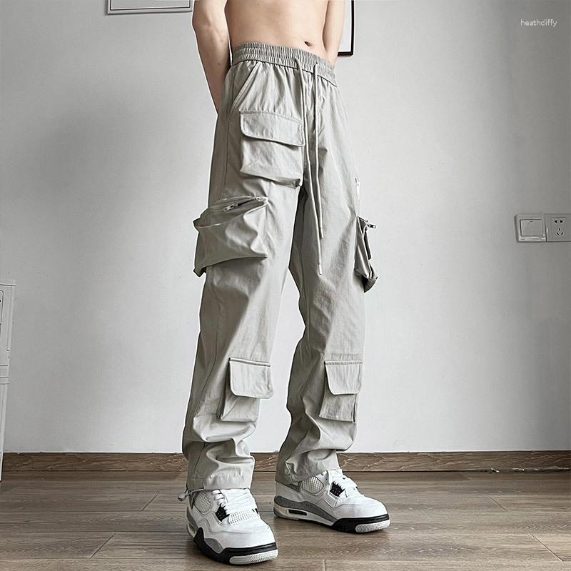Calça masculina HOUZHOU Parachute Cargo para homens Summer Techwear Calças de secagem rápida Masculino Preto Japonês Streetwear Hip Hop Cinza Bolso