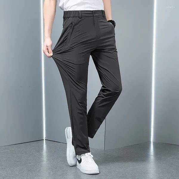 Pantalon masculin glacée 2024 Été noir gris fine entreprise décontractée extérieure élastique pantalon de survêtement de jambe droite respirante