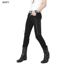 Pantalon masculin idopy mode ultra-mince pantalon à vapeur punk patch noir travail en cuir lace up dance club gothique bouton jeans masquants