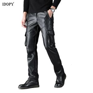 Men's Pants Idopy Pantalon cargo en simili cuir pour hommes Style militaire Multi poches taille élastique armée tactique PU pantalon en cuir souple grande taille 231021