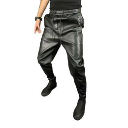 Men's Pants Idopys new arrival in autumn and winter mens Korean hip-hop artificial leather harem pants warm pockets drawstring elastic waist PU joggerL2405