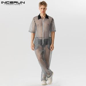 Pantalons pour hommes INCERUN 2023 Style américain Hommes Combinaisons Sexy Fashion Stripe Voir à travers Mesh Barboteuses Casual Loose Body à manches courtes S 5XL 230718