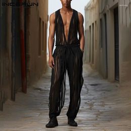 Pantalones para hombres Incerun Men Jumpsuits Mesh Transparente Rayado V Cuello Velimento Masculino Masculino 2024 Cabalas de moda de streetwear