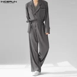 Herenbroeken INCERUN Heren Jumpsuits Effen Kleur Revers Lange mouw Koreaanse stijl Mode Rompertjes Street chic 2024 Casual overalls S-5XL