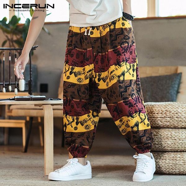 Pantalones de hombre INCERUN estampado hombres Harem algodón Lino 2021 Joggers Streetwear pantalones de entrepierna caída étnico suelto Casual tailandés 3XL