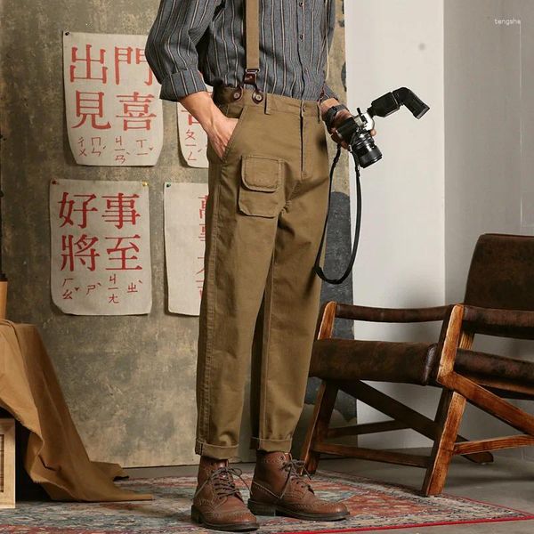 Pantalon pour hommes japonais décontracté jarretelles hommes jeunesse élastique kaki combinaison lâche jambe droite longs hommes