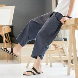 Pantalones para hombres Japonés Cintura elástica Algodón Lino Masculino Verano Suelto Transpirable Color Sólido Fitness Streetwear Plus Tamaño 5XL 230324