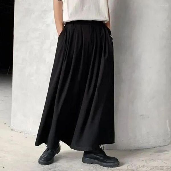 Pantalones de hombre, pantalones de pierna ancha holgados japoneses para hombre, pantalones culottes samurái a la moda para hombre, pantalones de cintura alta que combinan con todo en negro oscuro