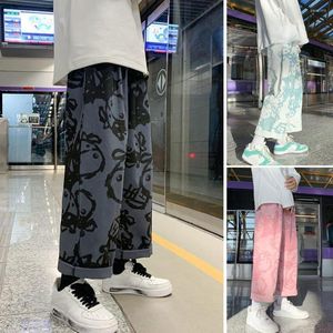 Herenbroek Japanse Mid-Rise Elastische tailleband Drawtring Pockets Men Cartoon Print recht wijd been Streetwear Casual