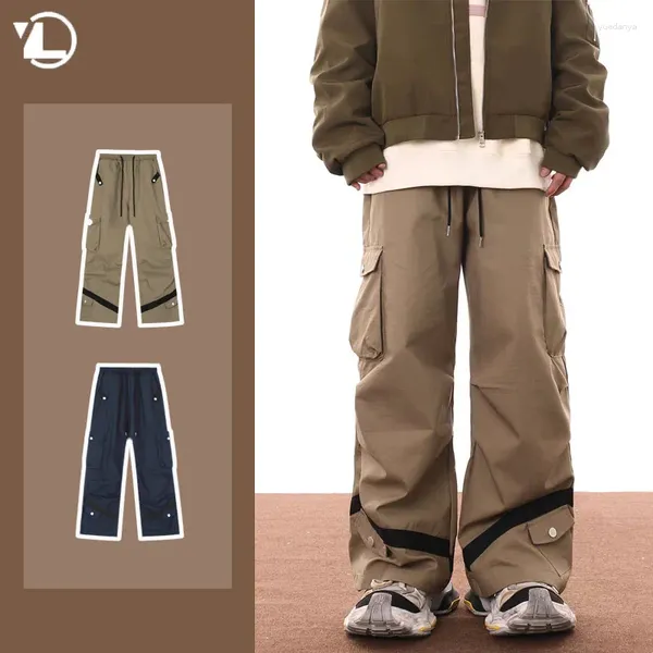 Pantalons pour hommes Japonais Street Mens Cargo Multiples poches Couleur Bloc Hip Hop Salopette Cordon De Mode Pantalon À Jambes Larges Unisexe