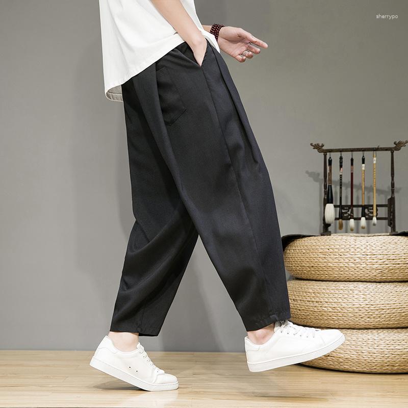 Erkek pantolon Japon tarzı pamuk keten harem yaz bol moda marka buz ipek ince gündelik erkek sokak kıyafetleri pantolon