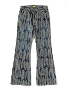 Pantalon masculin de style japonais Hirata et Hiroshi Casual Women's Denim Jacquard Jacquard Feather évasé polyvalent