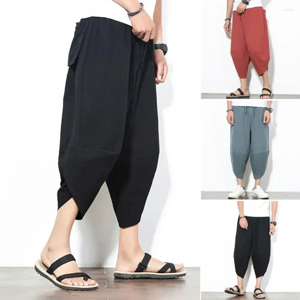 Pantalones para hombres Pantalones de estilo japonés Harén de media tarde con bolsillos múltiples de entrepierna profundos para ropa diaria casual suelta