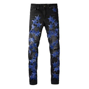Pantalons pour hommes Jeans européens Jean Hombre Blue Star hommes broderie patchwork déchiré pour tendance marque moto pantalon noir hommes maigre 885
