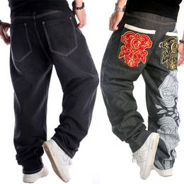 Herenbroeken jeans voor heren street dance hiphop mode borduurwerk zwart los bord denim algehele mannelijke rap hiphop 230328
