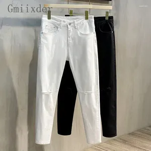 Herenbroeken jeans mannen in de lente herfst trendy gescheurde gaten slank fit Koreaanse stijl modieus zwart wit casual negen punten stedelijk