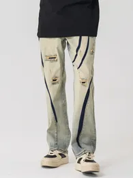 Pantalones para hombres jeans lavados algodón desgastado angustiado high street micro elástico agujeros rotos rectos casuales cuatro temporadas universales