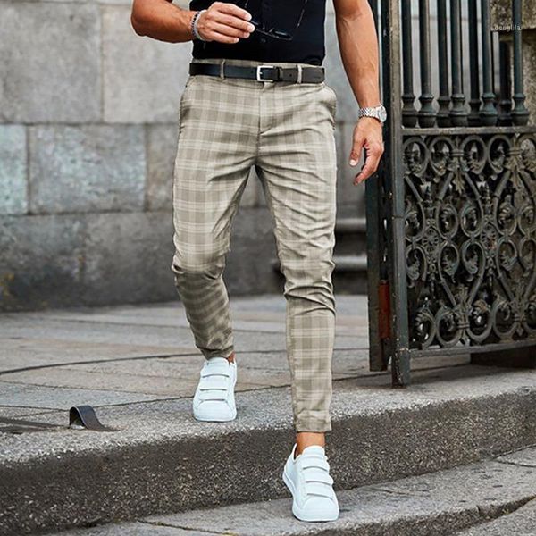 Pantalons pour hommes Jodimitty mode crayon imprimé à carreaux pour hommes Vintage taille moyenne bouton pantalon mâle été décontracté Long pantalon Streetwear
