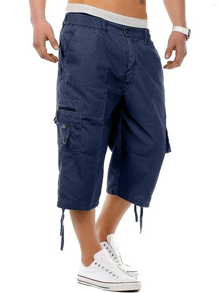 Pantalones para hombres Jxzom Pantalones cortos cargo para hombres Color sólido Ajuste relajado Capri Al aire libre Bolsillos múltiples debajo de la rodilla Trabajo informal (Azul marino L)