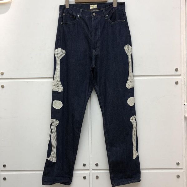 Pantalones de hombre KAPITAL Jeans hueso bordado recto hombres mujeres alta calidad moda Denim Hip Hop Street pantalones