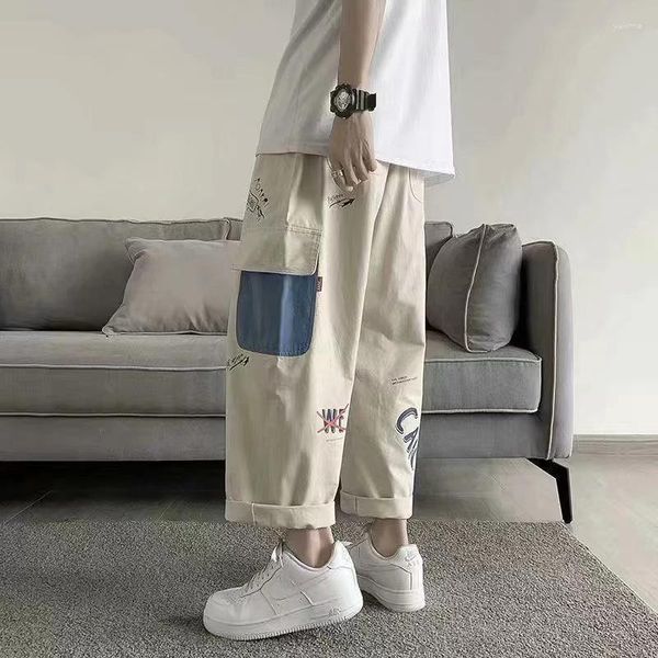 Pantalones de hombre caqui Cargo con estampado holgados pantalones casuales masculinos verano algodón coreano Streetweer Harajuku dibujos animados Graffiti