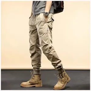 Herenbroek Kaki Multifunctionele zakken Werkjoggers Mode Losse broek met kleine pijpen Mannelijke joggingbroek met elastische taille