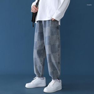 Pantalons pour hommes coréen Plaid Jeans mode rétro décontracté jambes larges hommes Streetwear ample hip-hop cordon Denim pantalon hommes M-5XL1