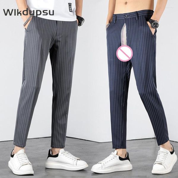 Pantalones de hombre, traje a rayas coreano, informal, Formal, Sexy, invisible, con doble cremallera, entrepierna abierta, ropa sexual para exteriores, pantalones rectos para hombre