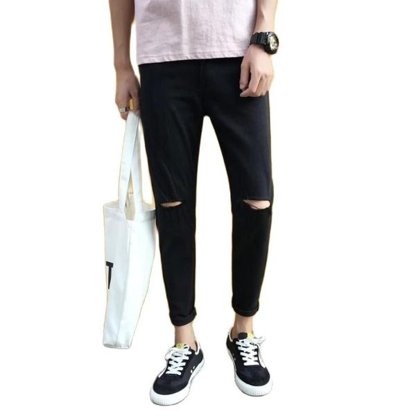 Pantalones de hombre estilo coreano 2022 moda guapo corte agujero Jeans hombres adolescentes pies delgado Casual verano tendencia tobillo longitud lápiz pantalones hombres