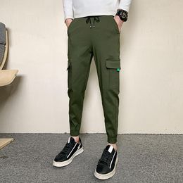 Pantalons pour hommes Coréen Summer Cargo Hommes Vêtements 2023 Simple All Match Poches latérales Slim Fit Casual Mens Joggers Pantalon Noir / Armée Vert