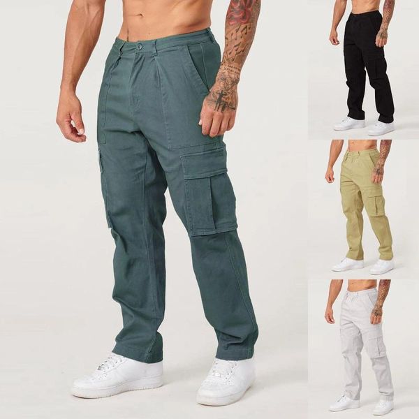 Pantalon pour hommes grande taille multi-poches vêtements de travail pantalon couleur unie sport décontracté longue ample polyvalent jambe droite