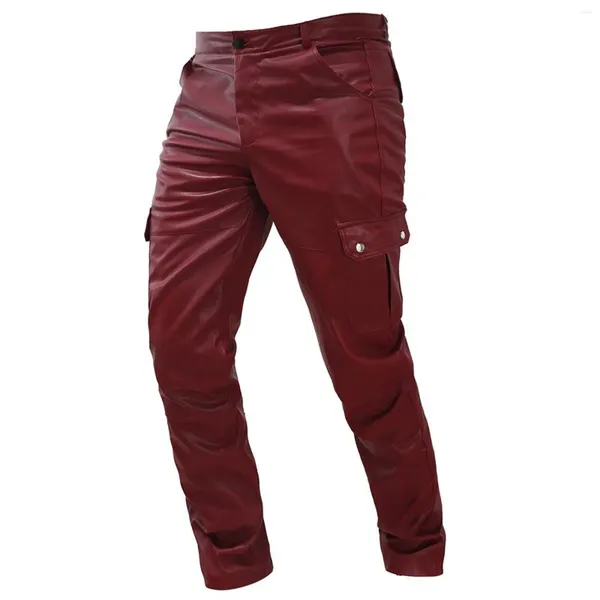 Pantalon pour hommes en cuir cargo élégant couleur unie multi-poches pantalon en polyuréthane maigre droit sexy club fête