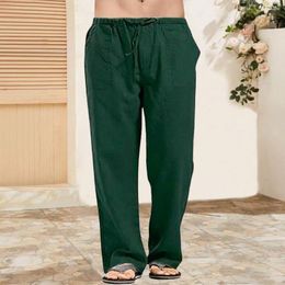 Pantalones para hombres fondos livianos con bolsillos lino de algodón pantalones casuales cintura elástica para la escuela de playa de viajes