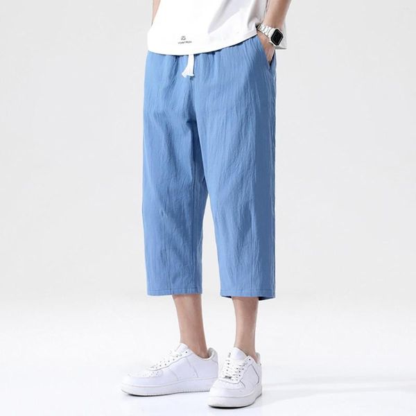 Pantalon Capri en lin pour hommes, léger, ample, short 3/4, cordon de serrage, taille élastique, mignon, H, vêtements de sport